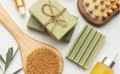 Natural spa products with soaps and oils.
