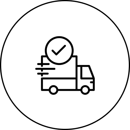 Delivery truck icon with checkmark symbol.