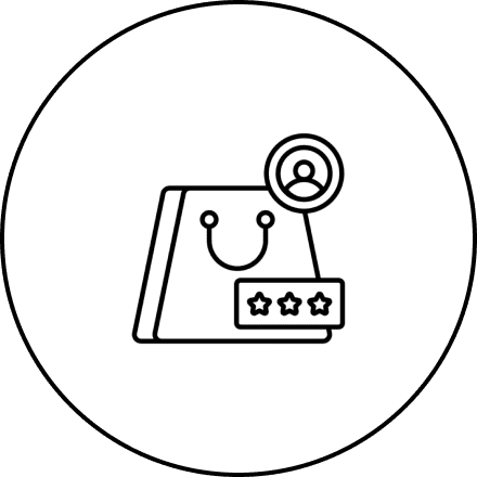 Shopping bag, user profile, star rating icon.