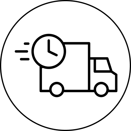 Delivery truck with clock icon, indicating speed.